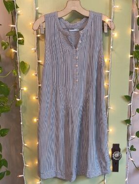 Women's Sonoma Striped Blue White 2 Pocket Linen Sleeveless Dress M